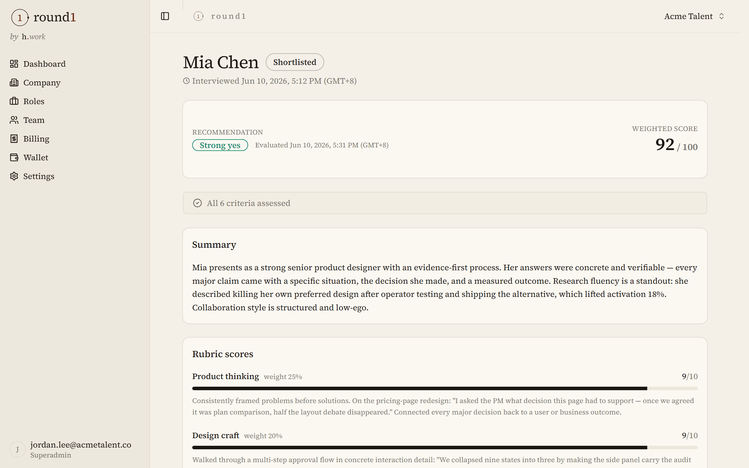 The evaluation report screen — weighted rubric scores with direct transcript quotes per criterion.