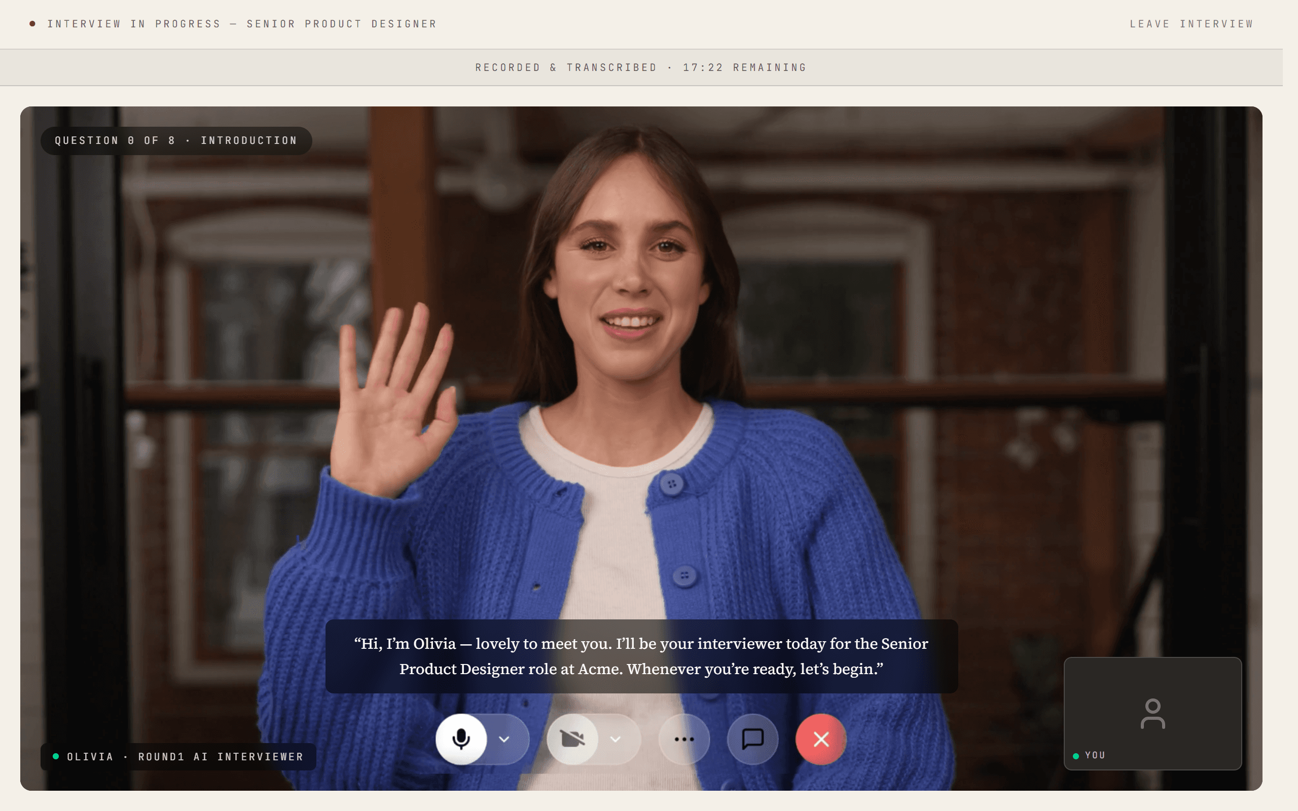The candidate-facing interview screen — the AI video interviewer mid-conversation.