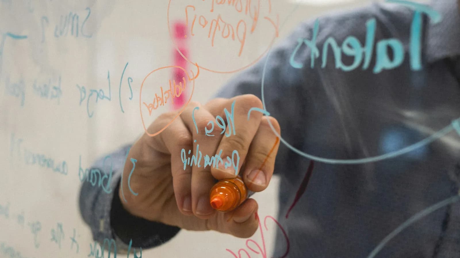 A hand holding an orange marker writes on a glass board covered in handwritten notes and circled words.